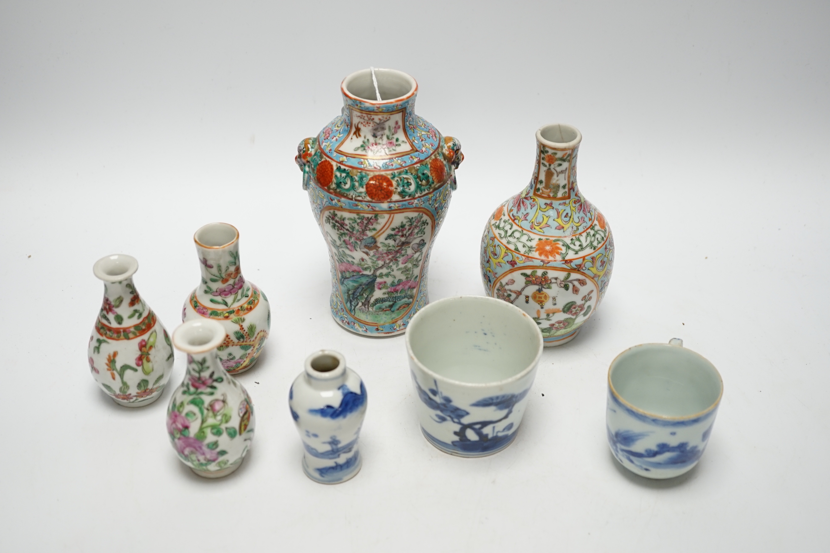 A group of Chinese famille rose small vases and blue and white items, late 19th/early 20th century (8) tallest 16cm
